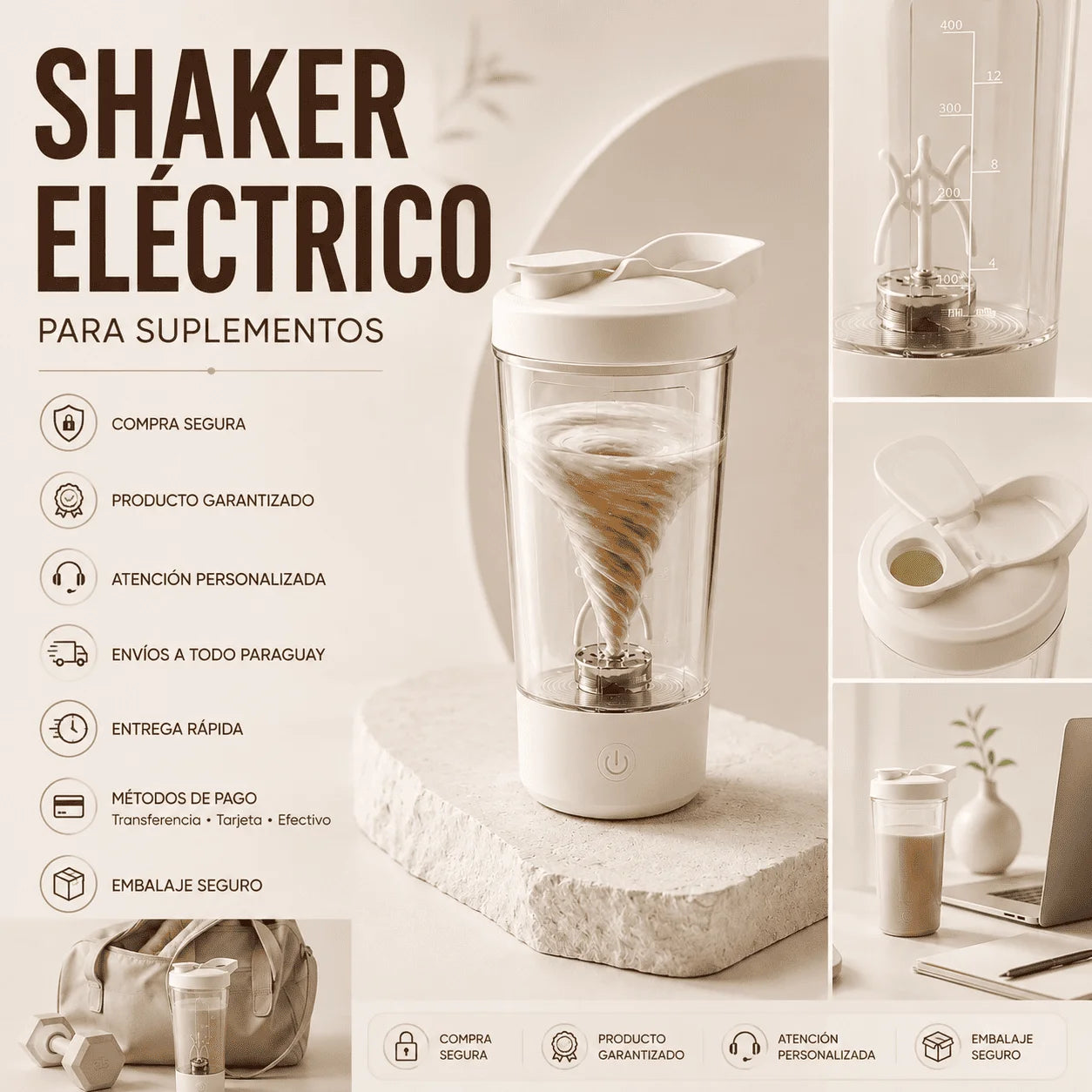 Shaker eléctrico para suplementos.